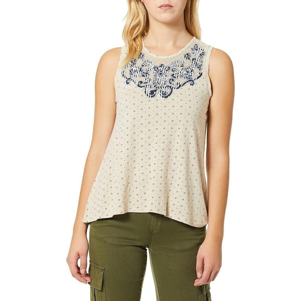 Lucky Brand Tank Top Womens Size XL Linen Blend Beige Blue Applique Diamond Dot